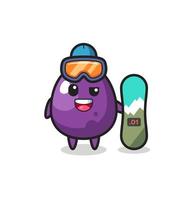 illustration du personnage d'aubergine avec style snowboard vecteur