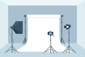 photo studio avec blanc Vide arrière-plan, doux boîte lumière, caméra, projecteur. professionnel équipement pour photo et vidéo tournage. vecteur illustration.