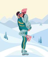 magnifique romantique couple dans hiver vêtements embrasser affectueusement. homme et femme dans aimer, ayant une ski recours date. vecteur