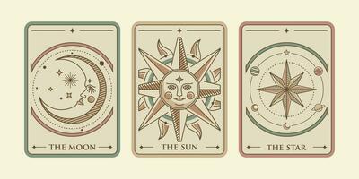 le soleil, le lune et le étoile tarot carte illustration vecteur. ancien mystique soleil, lune et étoile tarot carte dans ornemental ligne art style. ésotérique bannière avec astrologie style. vecteur