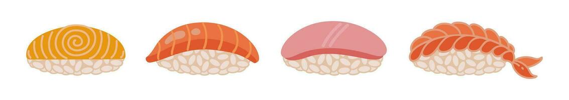 Nigiri vecteur icône ensemble. savoureux Japonais Sushi avec riz et Frais saumon, thon, crevette, Tamago omelette. traditionnel asiatique poisson Rouleaux, brut Fruit de mer apéritif. plat dessin animé clipart isolé sur blanc