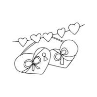 main tiré deux cœur en forme de cadenas avec une trou de serrure pendaison sur une cœur guirlande. griffonnage l'amour symboles vacances clipart. la Saint-Valentin journée concept. isolé sur blanc Contexte vecteur