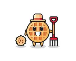 personnage mascotte de la gaufre en cercle en tant qu'agriculteur vecteur