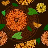 modifiable plat style Orange avec feuilles vecteur illustration sans couture modèle avec foncé Contexte pour décoratif élément à propos en bonne santé la vie ou agriculture