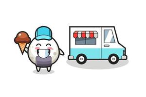 caricature de mascotte d'onigiri avec un camion de crème glacée vecteur