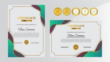 certificat de luxe dégradé vert et rouge avec jeu d'insignes en or vecteur