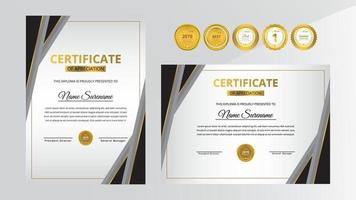 certificat de luxe dégradé doré et noir avec jeu d'insignes en or vecteur