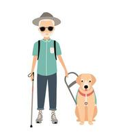aveugle homme. coloré image avec visuellement altéré personnes âgées avec guider chien sur blanc Contexte. plat vecteur dessin animé illustration.