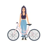 moderne fille permanent avec vélo. dessin animé plat coloré vecteur illustration.