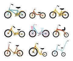 divers des gamins vélos collection. coloré Vélos avec différent Cadre les types. vecteur plat illustration ensemble.