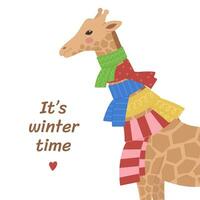 mignonne girafe avec beaucoup écharpes autour le sien cou isolé sur une blanc Contexte. hiver temps, rester chaud. vecteur illustration pour salutation carte, affiche, bannière