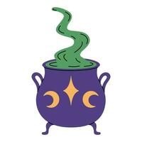 violet sorcières chaudron avec brassage vert potion isolé sur blanc Contexte. pot avec étoile et lunes. la sorcellerie vecteur plat illustration