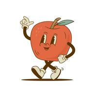 rétro dessin animé Pomme mascotte dans rainure style. mignonne fruit personnage vecteur illustration. nostalgie années 60, années 70, Années 80