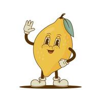 marrant rétro dessin animé citron personnage. souriant agrumes fruit mascotte vecteur illustration. nostalgie années 60, années 70, Années 80