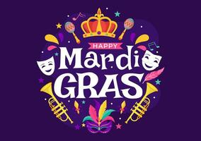 mardi gras carnaval vecteur illustration. Traduction est français pour graisse Mardi. Festival avec masques, maracas, guitare et plumes sur violet Contexte