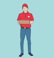 livreur. courrier souriant en uniforme rouge tenant une boîte. vecteur