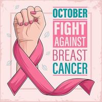 affiche du mois de sensibilisation au cancer du sein avec main de femme et ruban rose vecteur