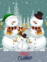 Noël carte, mignonne famille bonhomme de neige célébrer Noël et hiver saison avec Chutes de neige et l'automne feuilles vecteur