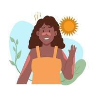 noir femme avoir coup de soleil avec chaud temps de uv Soleil pour sensible peau dommage illustration avec feuilles décoration vecteur