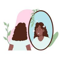 beauté noir femme content avec sa visage à miroir sur de soi avec beauté traitement résultat illustration vecteur