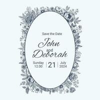 botanique bleu mariage Cadre ou couronne sur blanc Contexte. main tiré floral, fleur, feuille branche dans toile de jouy style. ligne art pour mariage, monogramme, invitation, salutation, logo, anniversaire cartes vecteur