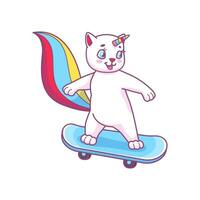 surfant mignonne dessin animé caticorn chat sur planche à roulette vecteur