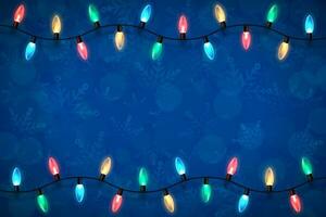 Noël bleu toile de fond avec lumières guirlande plus de hiver à thème modèle avec flocons de neige et flou bokeh lumières. de fête conception élément pour Noël vacances affiche, bannière, carte ou social médias affectation vecteur