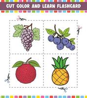 Couper Couleur et apprendre carte flash activité coloration livre pour des gamins avec mignonne dessin animé fruit vecteur