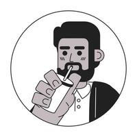 barbu noir gars en buvant paille noir et blanc 2d vecteur avatar illustration. en portant café Masculin avec barbe contour dessin animé personnage visage isolé. smoothie homme africain américain plat portrait