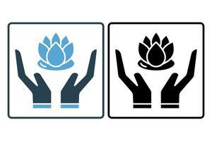main en portant lotus icône. icône en relation à méditation, bien-être, spa. solide icône style. Facile vecteur conception modifiable