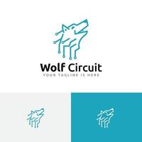 logo de technologie informatique de circuit électronique de tête de loup sauvage vecteur