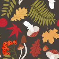 modèle sans couture d'automne avec brindille de sorbier, feuilles jaunies, champignons vecteur
