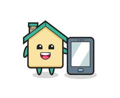 caricature d'illustration de maison tenant un smartphone vecteur