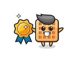 illustration de mascotte de gaufre tenant un badge doré vecteur