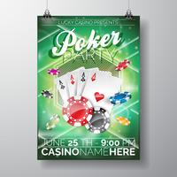 Conception de Vector Party Flyer sur un thème de casino avec des puces et des cartes de jeu sur fond vert.