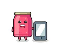 caricature d'illustration de confiture de fraises tenant un smartphone vecteur