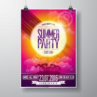 Vector Summer Beach Party Flyer Design avec des éléments typographiques sur fond de paysage océanique.