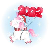 jolie petite licorne et ballon rouge illustration de noël 2022. vecteur