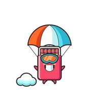 Le dessin animé de mascotte de boîte d'allumettes saute en parachute avec un geste heureux vecteur