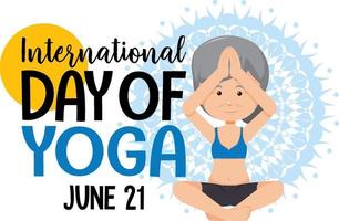 bannière de la journée internationale du yoga avec une vieille femme faisant une pose de yoga vecteur
