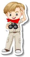 garçon en tenue de safari à l'aide d'autocollant de personnage de dessin animé de jumelles vecteur