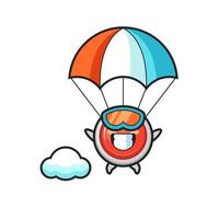 Le dessin animé de mascotte de bouton de panique d'urgence saute en parachute avec un geste heureux vecteur