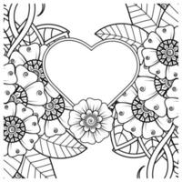 fleur de mehndi avec cadre en forme de coeur, ornement de griffonnage vecteur