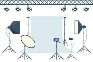 photo studio avec blanc Vide arrière-plan, doux boîte lumière, caméra, projecteur. professionnel équipement pour photo et vidéo tournage. vecteur illustration.