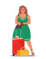 femme des stands à côté de bagage, prêt pour Voyage ou navette. valise et Voyage sac. concept de aventure, voyage, déménagement. vecteur illustration.