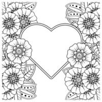 fleur de mehndi avec cadre en forme de coeur vecteur