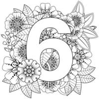 numéro 6 avec fleur de mehndi. ornement décoratif en oriental ethnique. vecteur