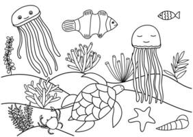 fantastique coloration page avec mer animaux dans sous-marin monde avec algues, bulles isolé. coloration livre pour des gamins et adultes. tortue, méduse, récif poisson, coquille, algue, mer herbe, étoile de mer. vecteur