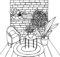 confortable terrasse intérieur coloration page. main tiré mignonne terrasse avec végétaux, fauteuil et peu café tableau. coloration livre pour les enfants et adultes. vecteur Stock illustration.