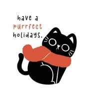 mignonne Noël noir chat dans rouge foulard, humour salutation carte, marrant et espiègle dessin animé illustration. vecteur